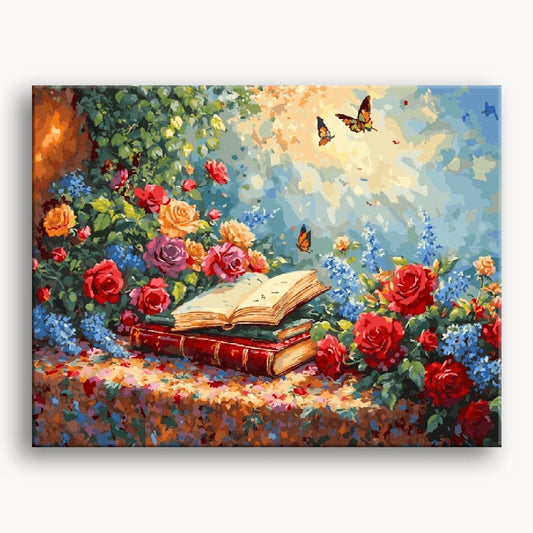 An oil painting depicting an open book surrounded by vibrant flowers on a textured background.