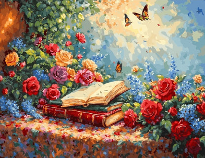 An oil painting depicting an open book surrounded by vibrant flowers on a textured background.