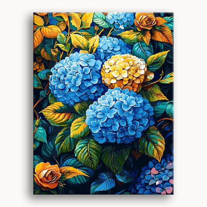 A vibrant painting featuring blue and yellow flowers against a soft background.