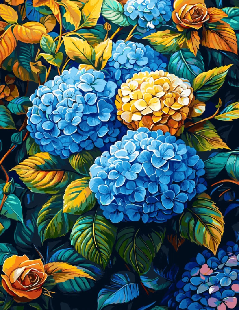A vibrant painting featuring blue and yellow flowers against a soft background.