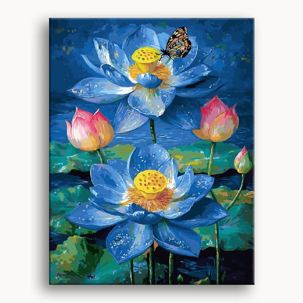 A painting featuring blue lotus flowers with a butterfly perched delicately among the blooms.
