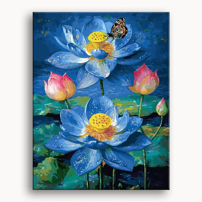 A painting featuring blue lotus flowers with a butterfly perched delicately among the blooms.