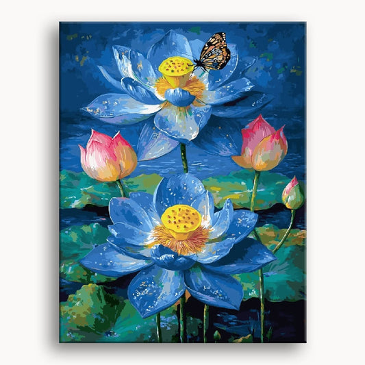 A painting featuring blue lotus flowers with a butterfly perched delicately among the blooms.
