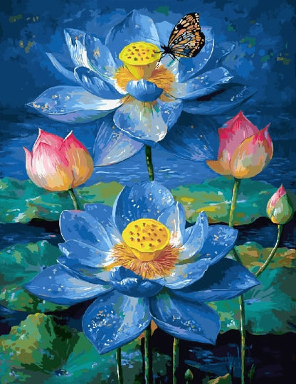 A painting featuring blue lotus flowers with a butterfly perched delicately among the blooms.