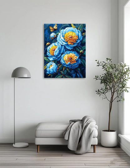 Blue peonies with yellow butterflies fluttering on a serene blue background.