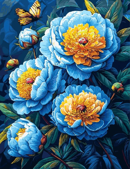 Blue peonies with yellow butterflies fluttering on a serene blue background.
