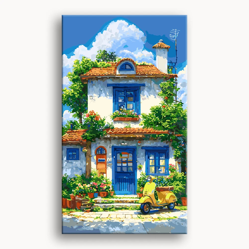 A painting depicting a house beside a bright yellow scooter parked on the driveway.