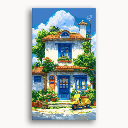 A painting depicting a house beside a bright yellow scooter parked on the driveway.