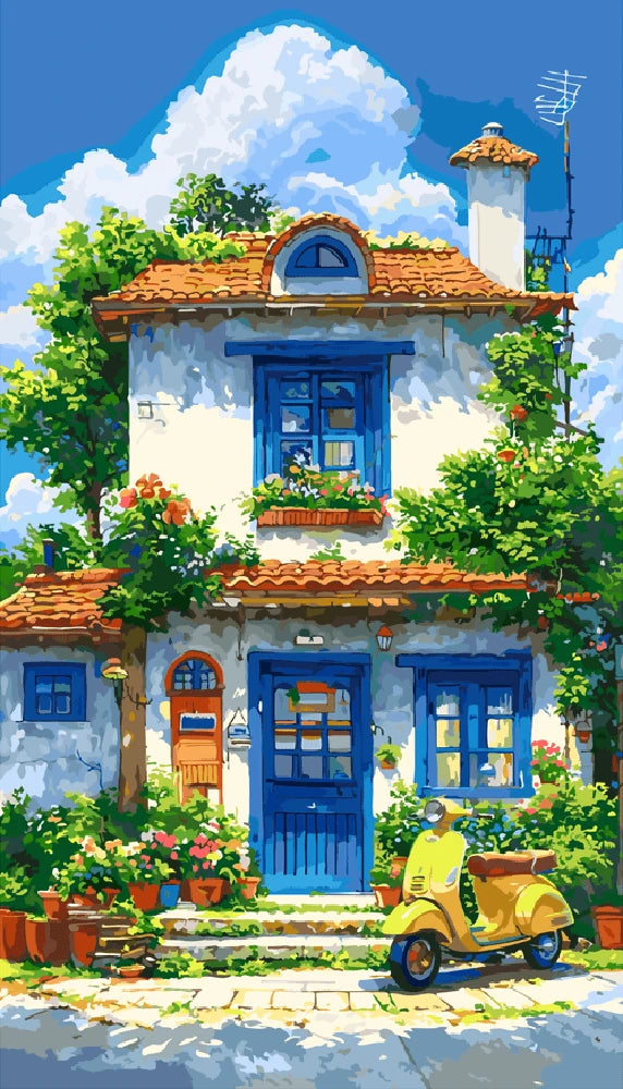 A painting depicting a house beside a bright yellow scooter parked on the driveway.