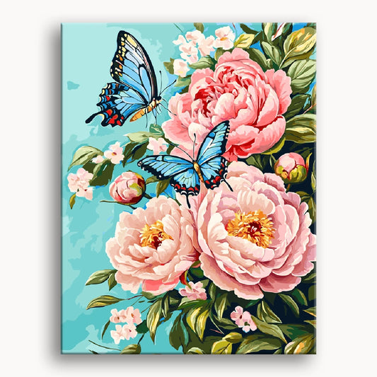 A vibrant painting featuring pink peonies surrounded by delicate butterflies in a lush, colorful setting.