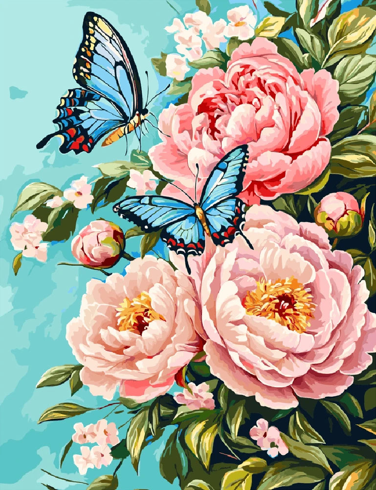 A vibrant painting featuring pink peonies surrounded by delicate butterflies in a lush, colorful setting.