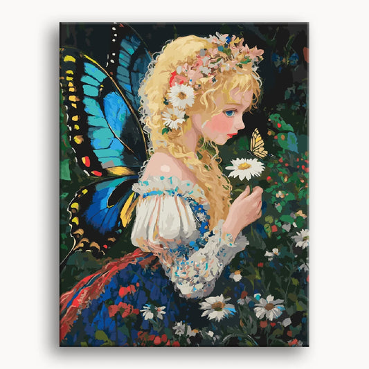 A whimsical painting of a fairy with colorful butterfly wings, surrounded by flowers and soft, glowing light.