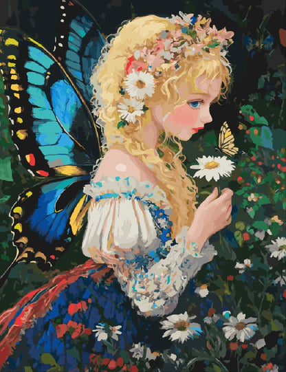 A whimsical painting of a fairy with colorful butterfly wings, surrounded by flowers and soft, glowing light.