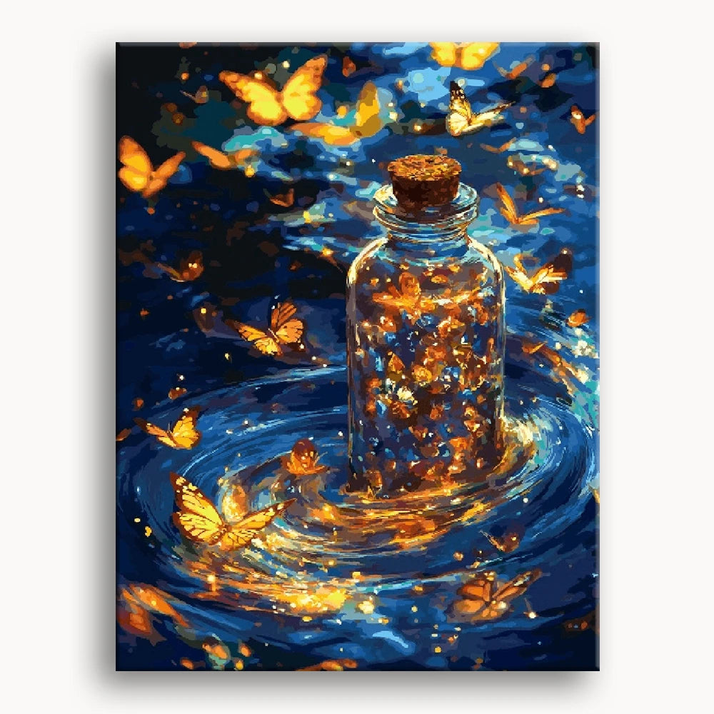 A painting depicting colorful butterflies gracefully floating inside a glass bottle against a soft background.