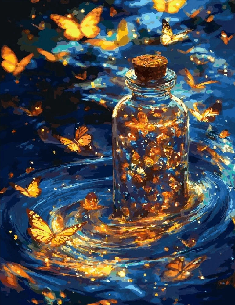 A painting depicting colorful butterflies gracefully floating inside a glass bottle against a soft background.
