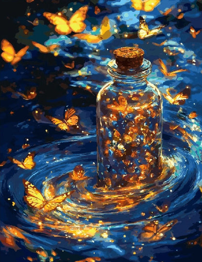 A painting depicting colorful butterflies gracefully floating inside a glass bottle against a soft background.
