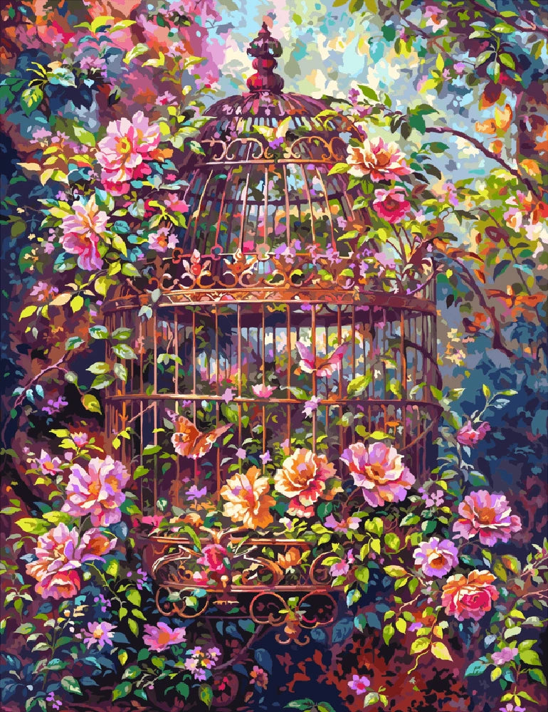 A painting depicting a birdcage surrounded by vibrant flowers, symbolizing freedom and nature's beauty.