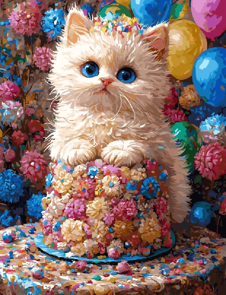 A playful white cat perched on a colorful cake surrounded by festive balloons.