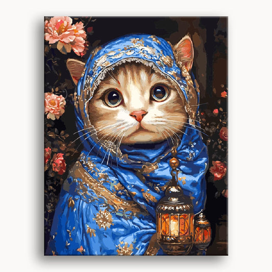 A colorful painting depicting a cat adorned with a blue shawl, highlighting its charm and whimsical character.