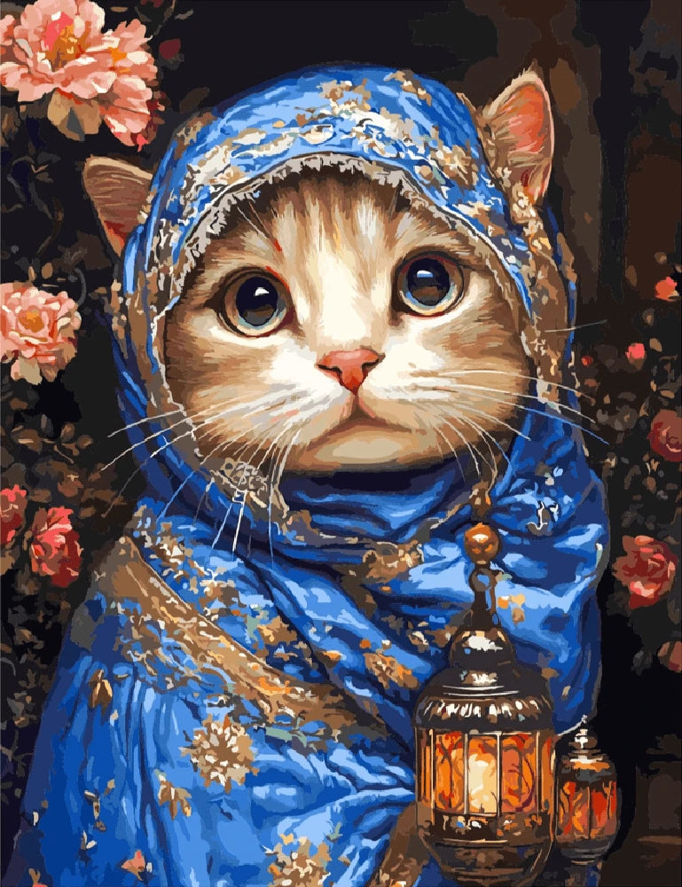A colorful painting depicting a cat adorned with a blue shawl, highlighting its charm and whimsical character.