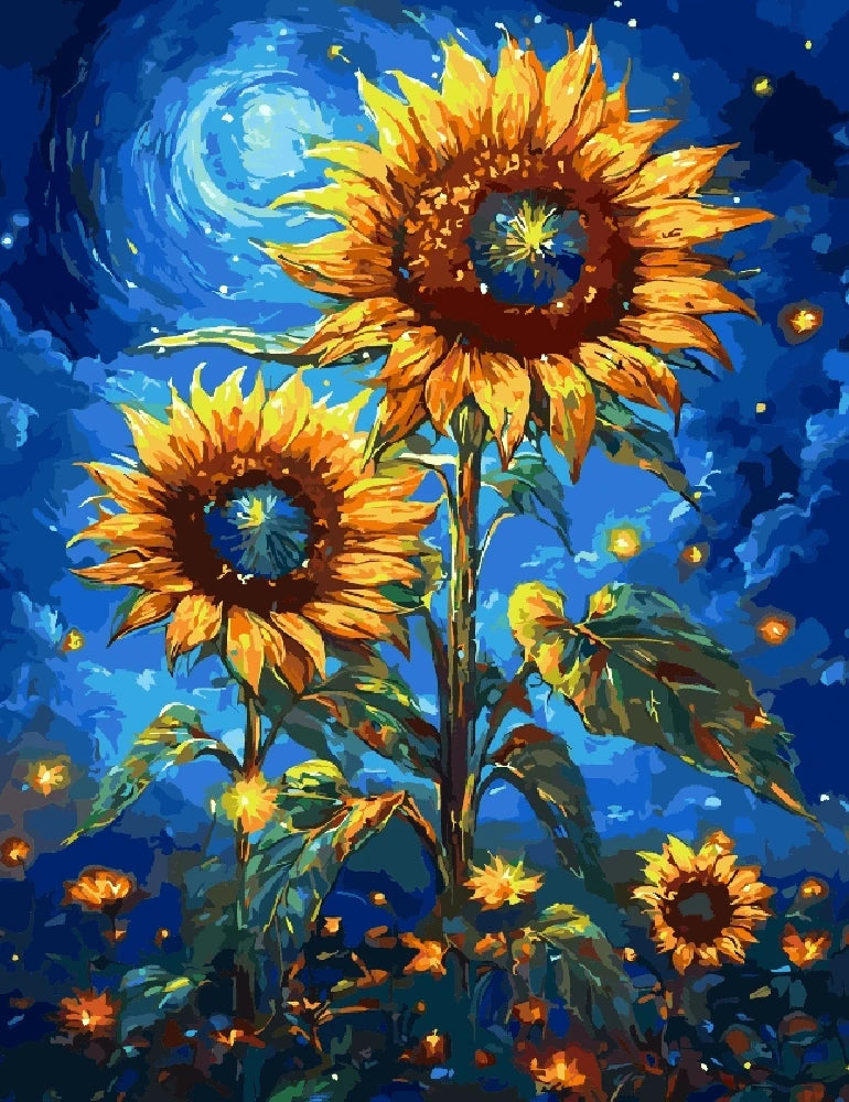 Sunflowers silhouetted against a starry night sky, creating a serene and enchanting atmosphere.