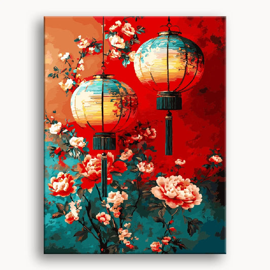 A painting depicting two Chinese lanterns gracefully hanging from a tree branch against a serene background.