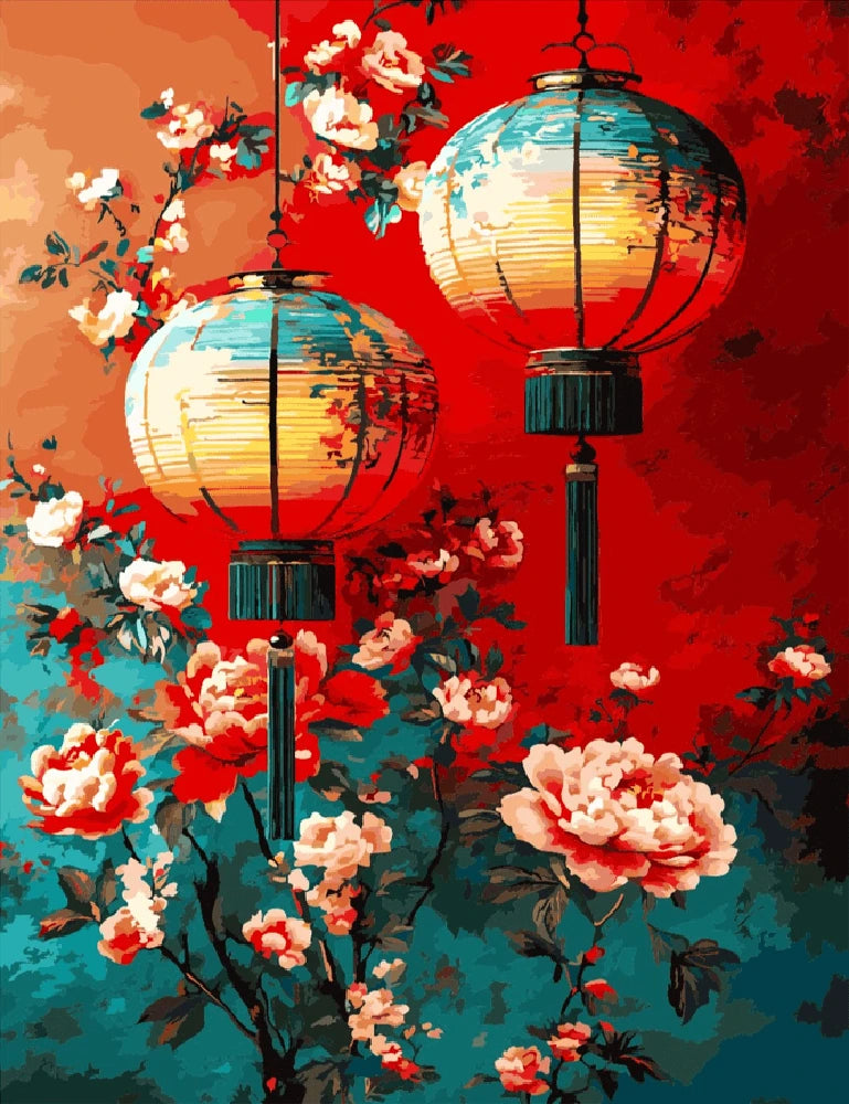 A painting depicting two Chinese lanterns gracefully hanging from a tree branch against a serene background.