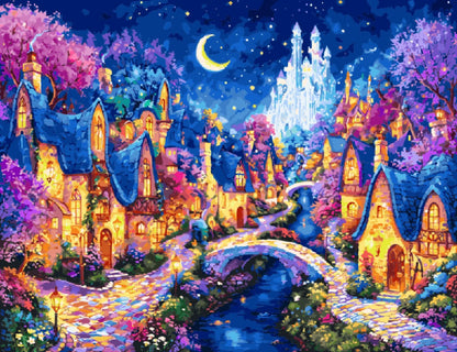 A night scene of a fairy tale village, featuring whimsical houses and twinkling stars in a deep blue sky.