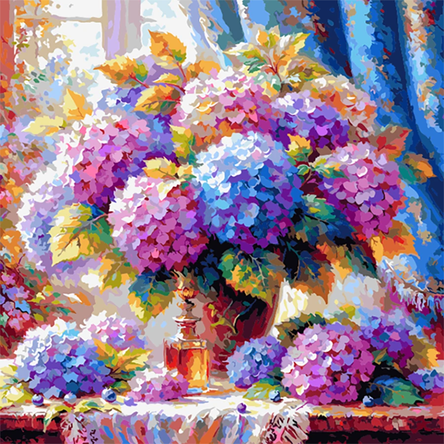 A painting of a vase filled with vibrant purple flowers against a soft background.