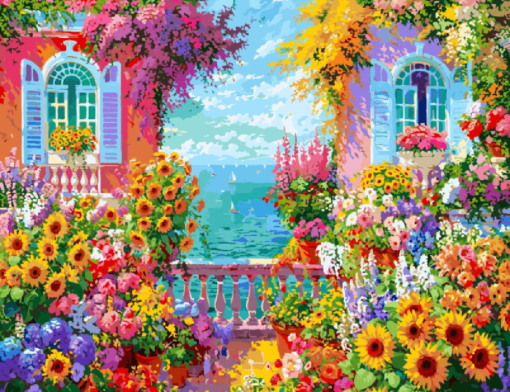 A vibrant painting of a garden filled with colorful flowers and lush green plants.
