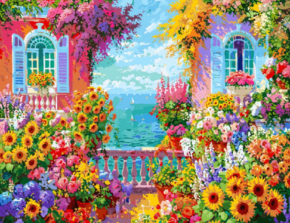 A vibrant painting of a garden filled with colorful flowers and lush green plants.