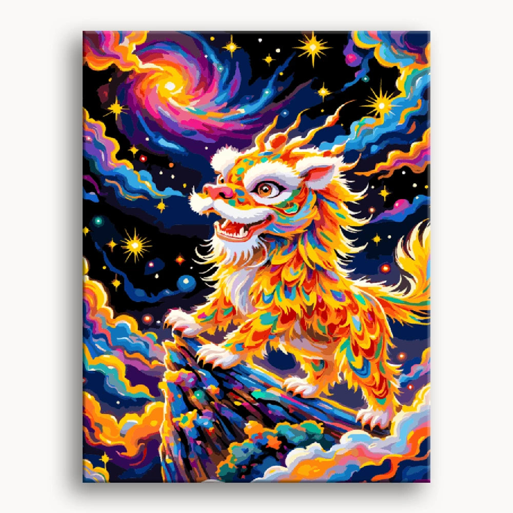 A vibrant lion floats in a starry sky, surrounded by colorful stars and a deep blue backdrop.