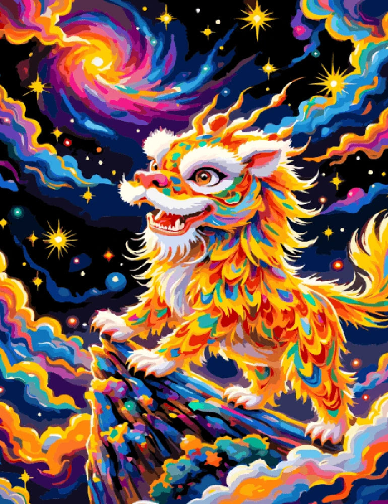 A vibrant lion floats in a starry sky, surrounded by colorful stars and a deep blue backdrop.