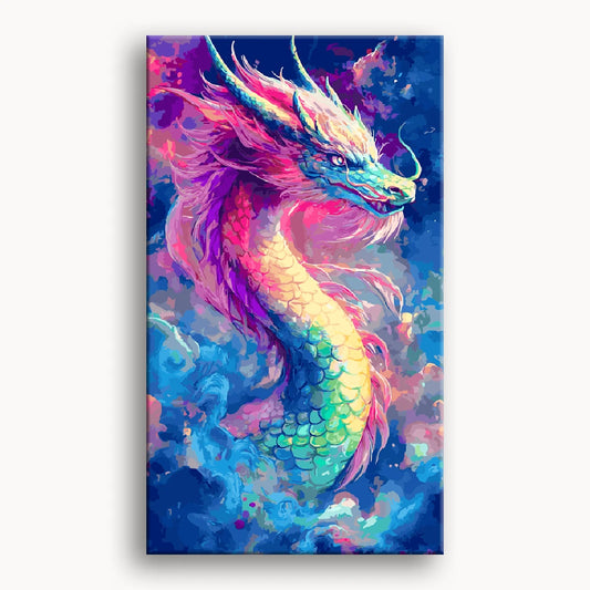 A vibrant dragon with flowing hair and a lengthy tail, showcasing a spectrum of colors.
