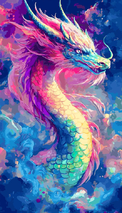 A vibrant dragon with flowing hair and a lengthy tail, showcasing a spectrum of colors.