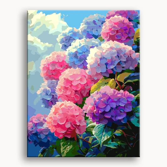 A vibrant painting depicting colorful flowers floating in a blue sky, creating a whimsical and dreamlike atmosphere.