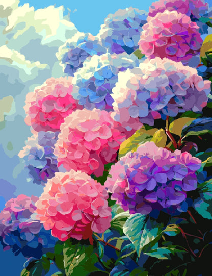 A vibrant painting depicting colorful flowers floating in a blue sky, creating a whimsical and dreamlike atmosphere.