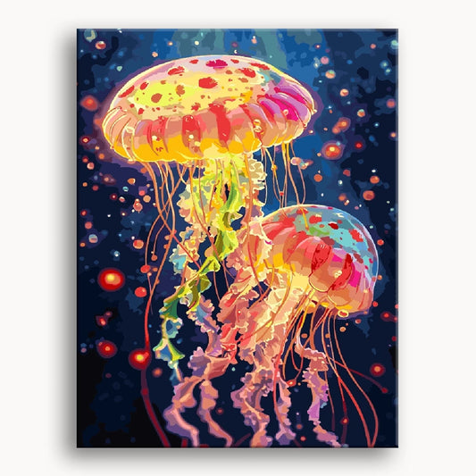A vibrant watercolor painting of a jellyfish, showcasing its flowing tentacles and translucent body in soft hues.