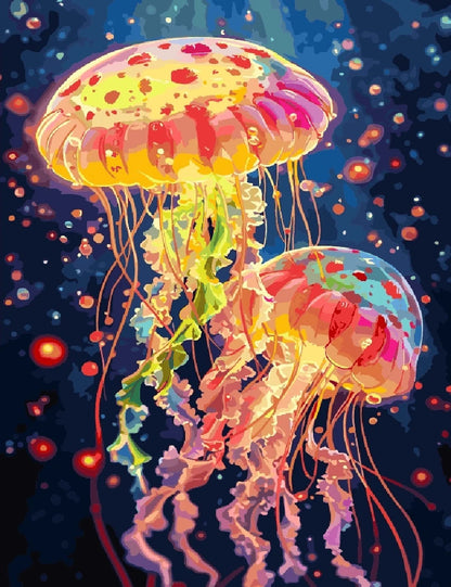 A vibrant watercolor painting of a jellyfish, showcasing its flowing tentacles and translucent body in soft hues.