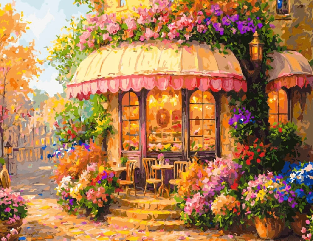 A vibrant painting of a cafe adorned with colorful flowers, creating a lively and inviting atmosphere.