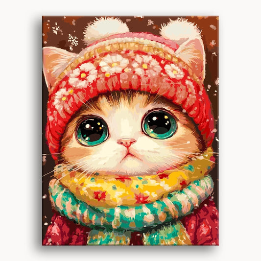 A whimsical painting of a cat adorned with a hat and scarf, showcasing its playful personality.