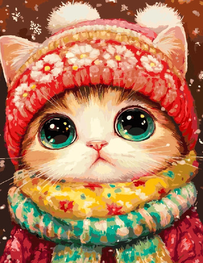 A whimsical painting of a cat adorned with a hat and scarf, showcasing its playful personality.