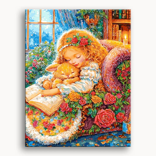 A painting depicting a girl reading a book while a cat sits beside her, creating a cozy and serene atmosphere.