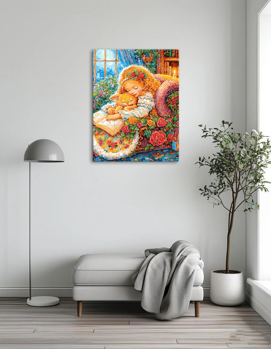 A painting depicting a girl reading a book while a cat sits beside her, creating a cozy and serene atmosphere.