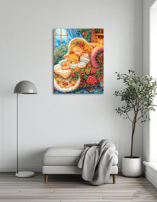 A painting depicting a girl reading a book while a cat sits beside her, creating a cozy and serene atmosphere.