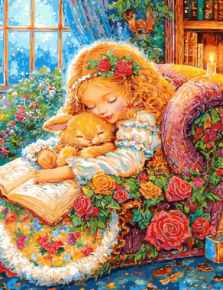 A painting depicting a girl reading a book while a cat sits beside her, creating a cozy and serene atmosphere.