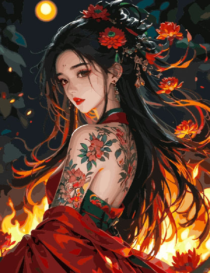 A beautiful woman in a red dress surrounded by flowers and flames, exuding elegance and intensity.
