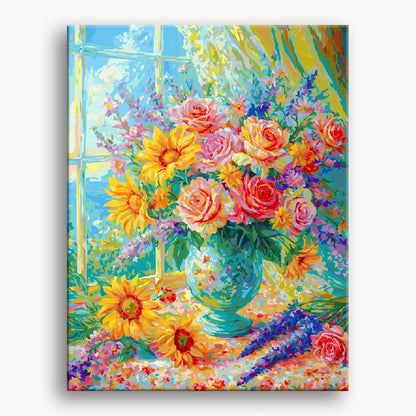 A painting of colorful flowers in a vase, positioned on a windowsill with natural light streaming through the window.
