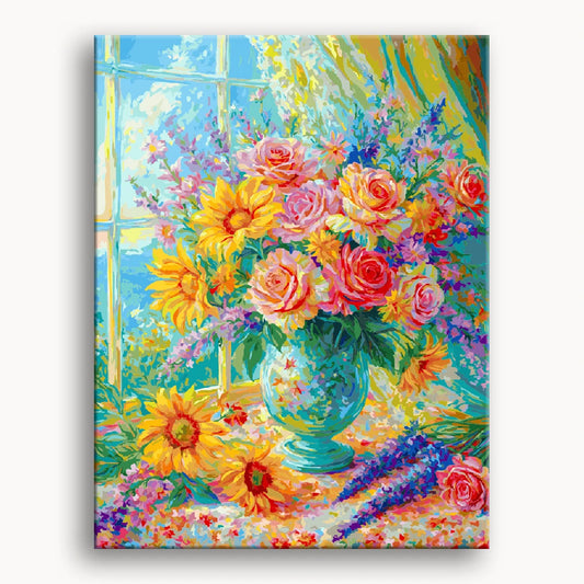 A painting of colorful flowers in a vase, positioned on a windowsill with natural light streaming through the window.