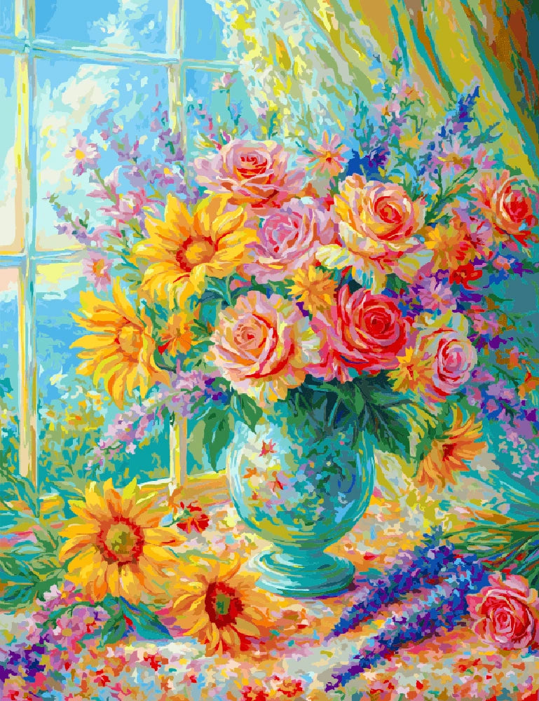 A painting of colorful flowers in a vase, positioned on a windowsill with natural light streaming through the window.